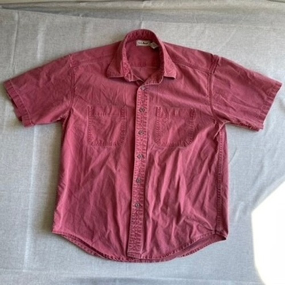 L.L.Bean Mens Short Sleeve Button Down Shirt Red Cotton Casual Camp Size Large
